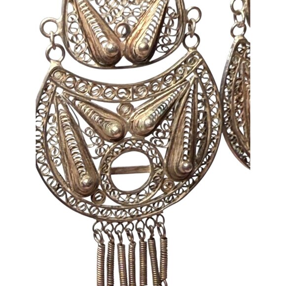 Vintage Handmade Silver Filigree Dangle Earrings With Intricate Swirl Design & D - Picture 3 of 11